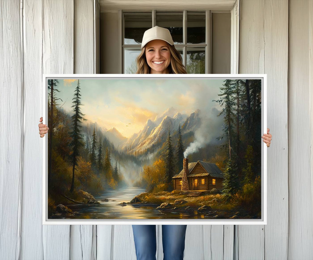 A cozy Wood Cabin Retreat Mountain at Sunset Wall Art features a serene forest and river landscape with smoke rising on a canvas print.