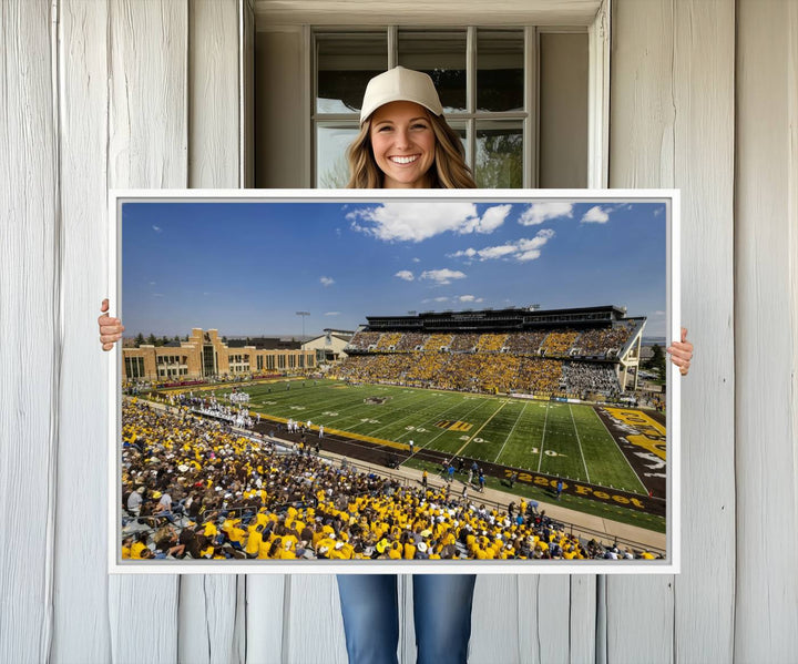 Aerial view of University of Wyoming Cowboys game at Jonah Field, perfect for a giclee canvas print.