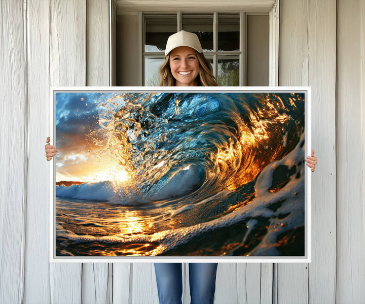 The Ocean Wave at Sunset canvas captures fiery waves with golden and blue hues, making it a perfect addition to nautical-themed decor.