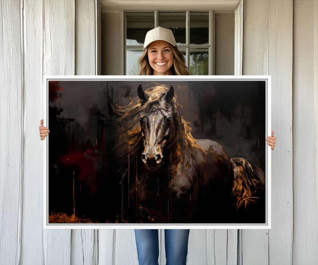 Abstract Black Horse Canvas Print – Featuring an equine spirit with a flowing mane on a dark background, perfect as farmhouse wall art.