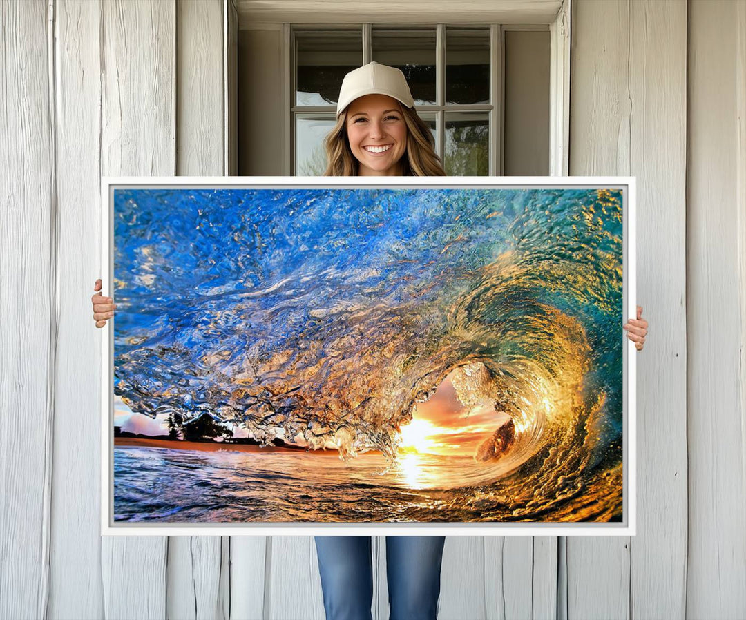 The Ocean Wave at Sunset Canvas Art captures vibrant coastal colors, perfect for nautical decor.