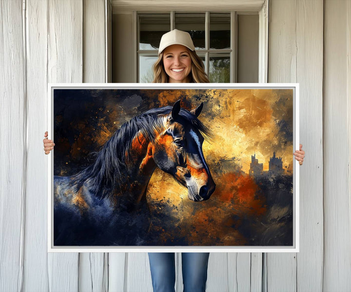 Abstract Horse Art Print on canvas, featuring a colorful background, perfect for rustic farmhouse or equestrian decor.