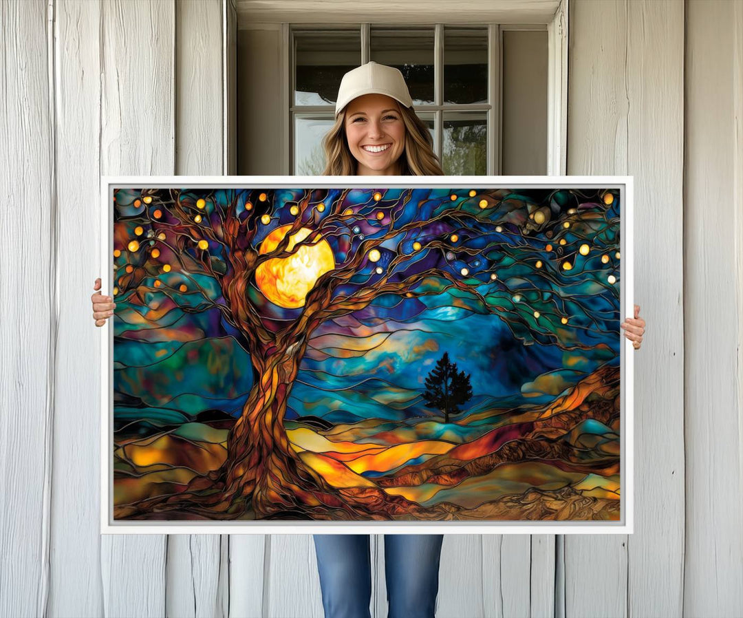 The vibrant Yggdrasil Tree of Life Wall Art depicts a moonlit tree.