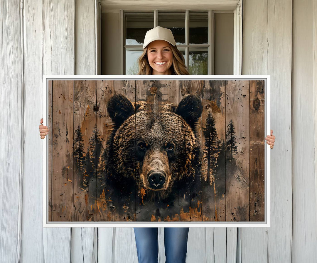 The bedroom showcases the Rustic Grizzly 399 Wall Art, a triptych canvas print that brings woodland charm to the space with its striking depiction of a bear. Elegantly displayed on a wooden wall, it enhances the rustic cabin feel.