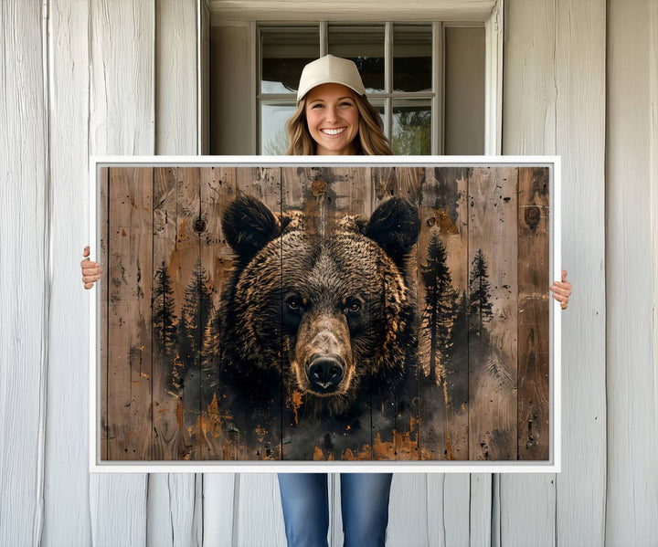 The bedroom showcases the Rustic Grizzly 399 Wall Art, a triptych canvas print that brings woodland charm to the space with its striking depiction of a bear. Elegantly displayed on a wooden wall, it enhances the rustic cabin feel.