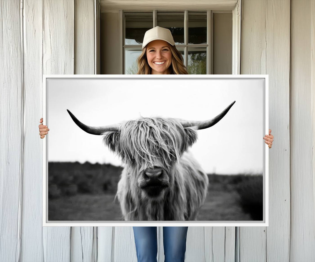 Highland Cow Wall Art: A black and white triptych canvas print, ideal for enhancing farmhouse or rustic barn decor.