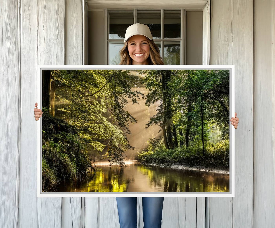 Forest Wall Art Print: A river landscape bathed in sunlight, perfect for rustic decor or as wall art for farmhouses and cabins.