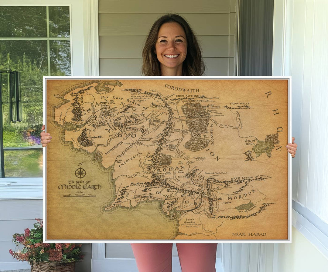 J.R.R. Tolkien's Middle-Earth World Map 3 Panel Wall Art Canvas Print | Vintage Map Wall Art for Living Room or Office | Large Framed Gallery Wrap