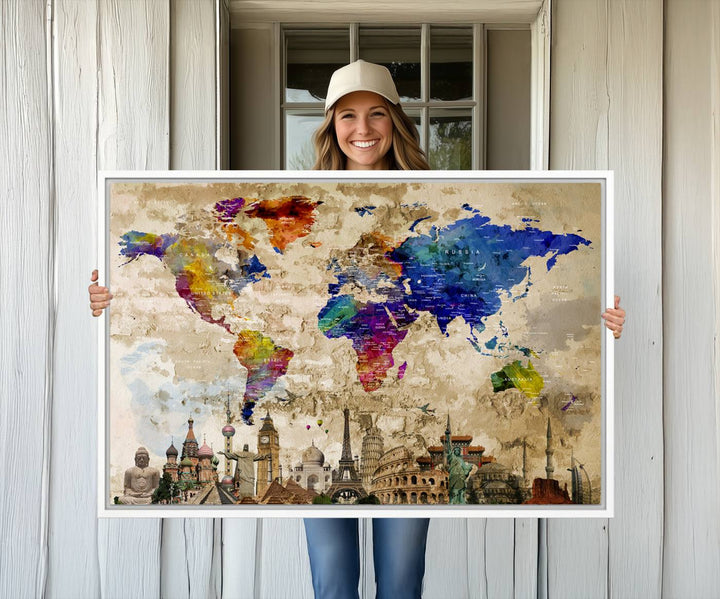 Artistic world map featuring landmarks like the Eiffel Tower, printed on premium wall art for office or living space.