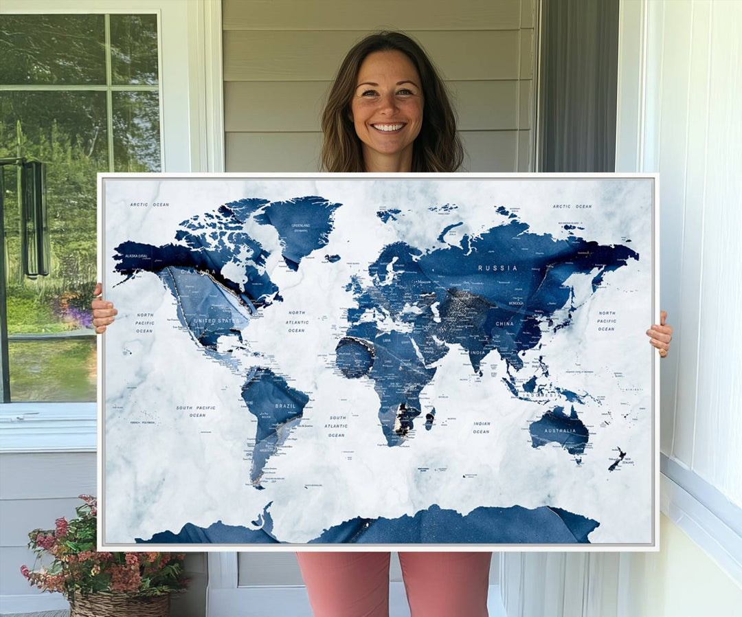 Navy Blue World Map with Antarctica Canvas: A perfect abstract home decor piece featuring a grunge-stained background.