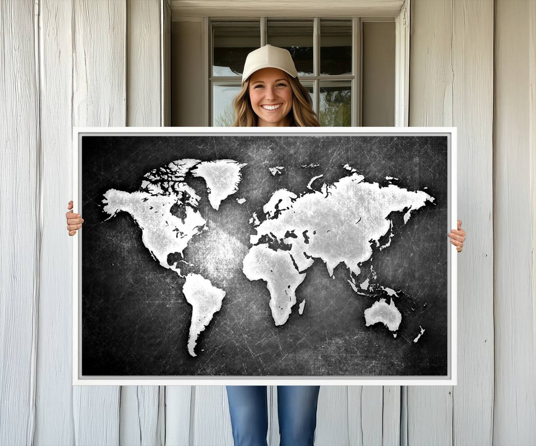 Black & White 3-Panel Framed World Map Canvas Art with Grunge Design.