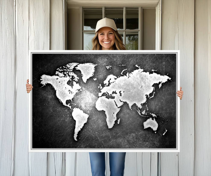 Black & White 3-Panel Framed World Map Canvas Art with Grunge Design.