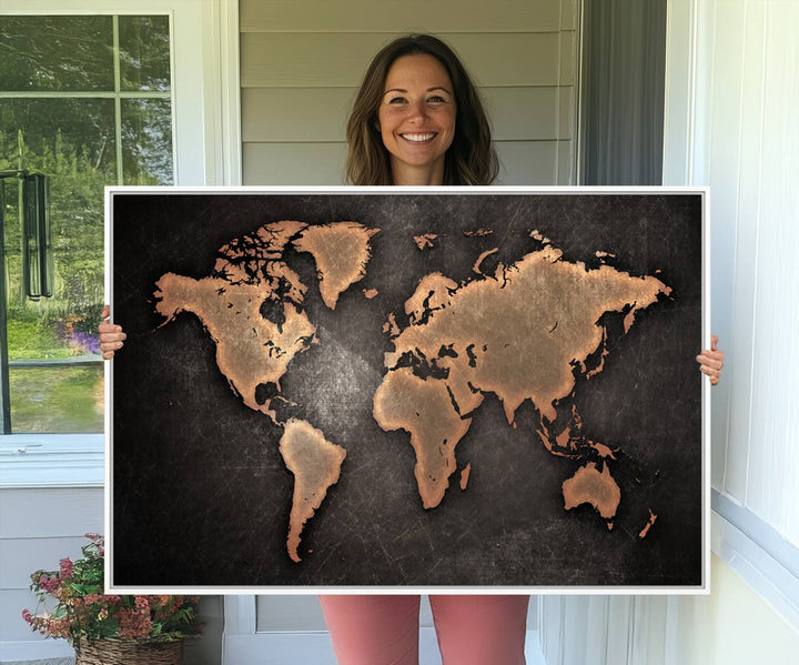 Maroon World Map Wall Art: Copper continents on a grunge-stained canvas, ideal for enhancing your decor.