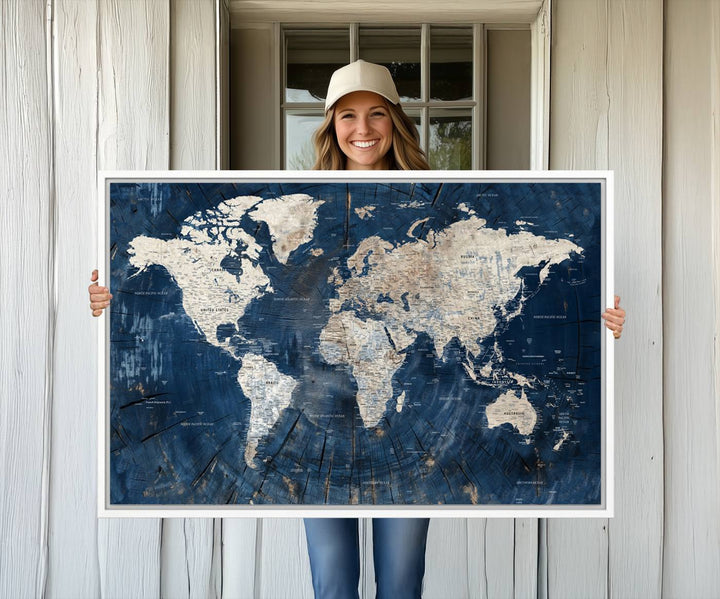 Rustic World Map Wall Art Canvas: Features a vintage blue design with a wood texture, highlighting continents in light hues.