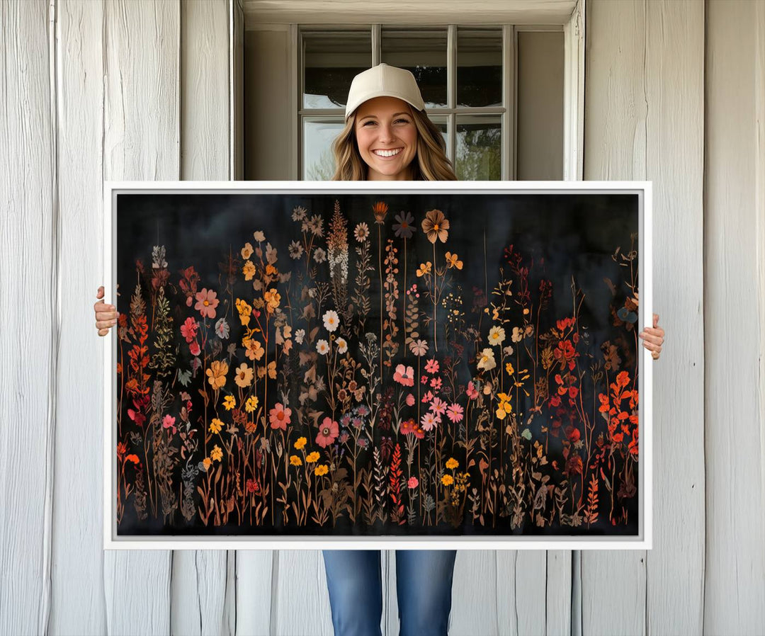 A large wildflower painting print on canvas featuring a colorful floral illustration, perfect as botanical decor for a stylish home.