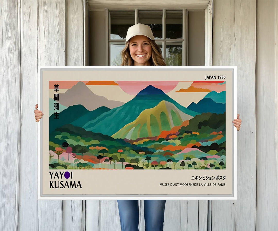 Vibrant abstract world map print featuring mountains and trees, including the text Yayoi Kusama and Japan 1986.