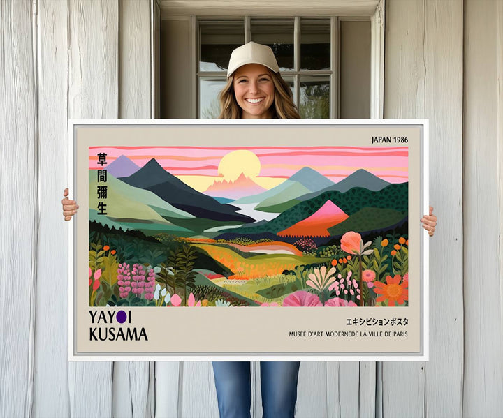 Vibrant abstract landscape canvas with mountains and fields, titled Yayoi Kusama 1986 Wall Art Print.