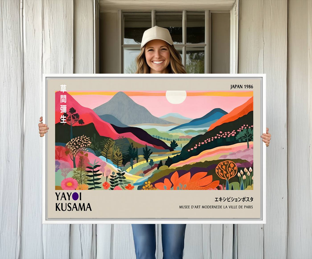 Vibrant abstract landscape canvas inspired by Yayoi Kusama, featuring mountains, trees, and flowers in a triptych style.