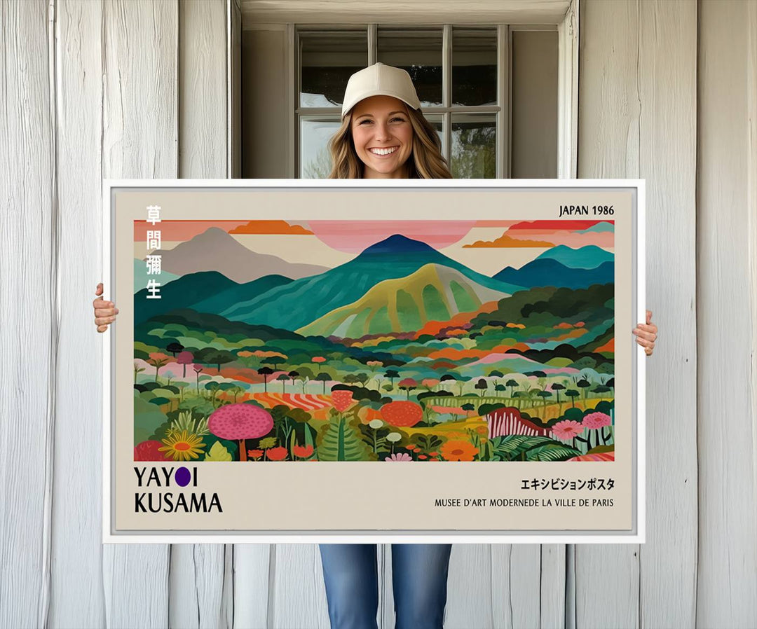 1986 Yayoi Kusama Art Print – Vibrant, abstract landscape featuring hills and trees in a Japanese Wabi Sabi style. Ready-to-hang.