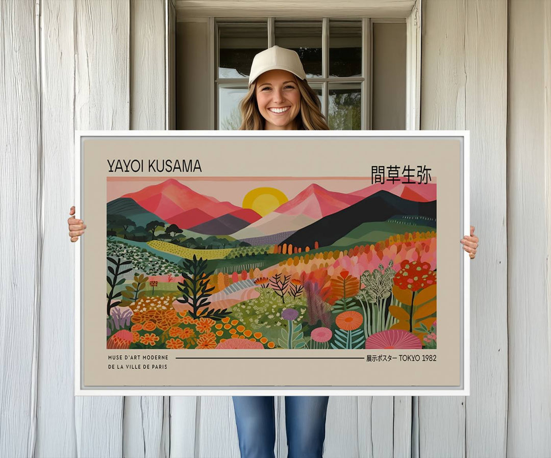 A vibrant abstract triptych features mountains, a sun, and plants in Yayoi Kusamas style with Japanese and French text included.