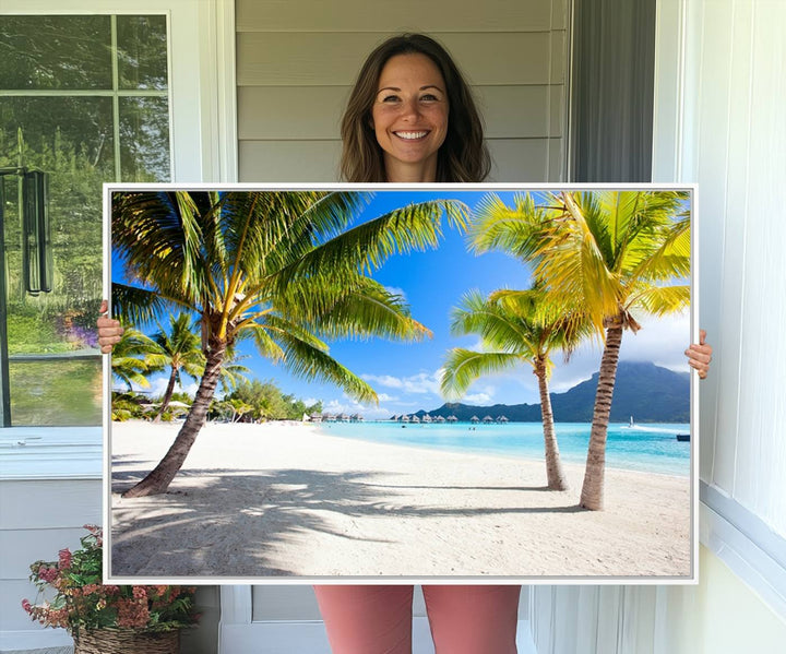 Blue Beach and Sea Wall Art Canvas Print: showcases a tropical scene with palm trees, white sand, and turquoise water.