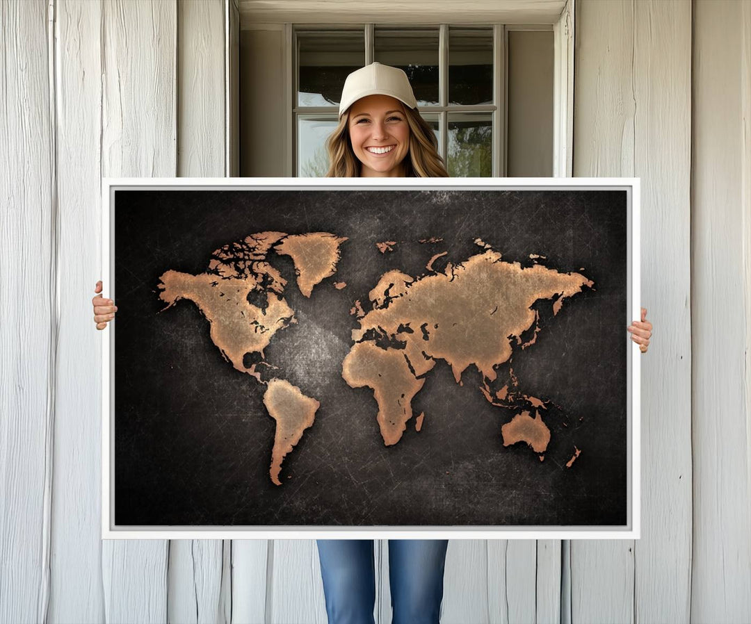 The Modern World Map on a metallic black canvas creates a striking effect.