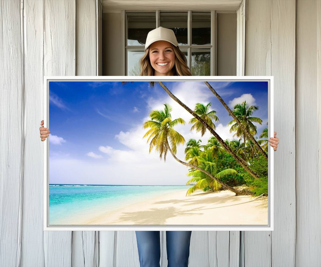 Tropical Beach Canvas: Palm Trees & White Sand Shore Decor, Vibrant Coastal Print, Ready to Hang.