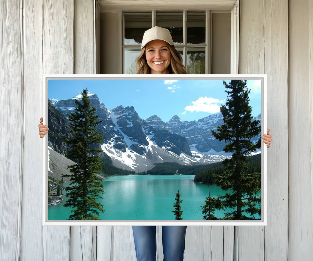 Canadian Rockies Moraine Lake Landscape Canvas Print showcasing a turquoise lake and mountain view.