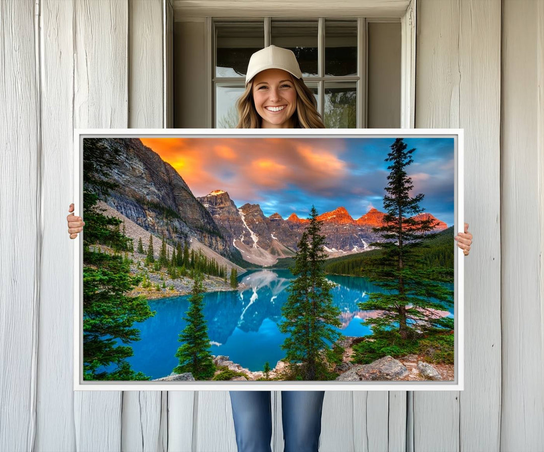 A kitchen featuring a Canadian Rockies Moraine Lake Wall Art Canvas Print displayed on the wall.