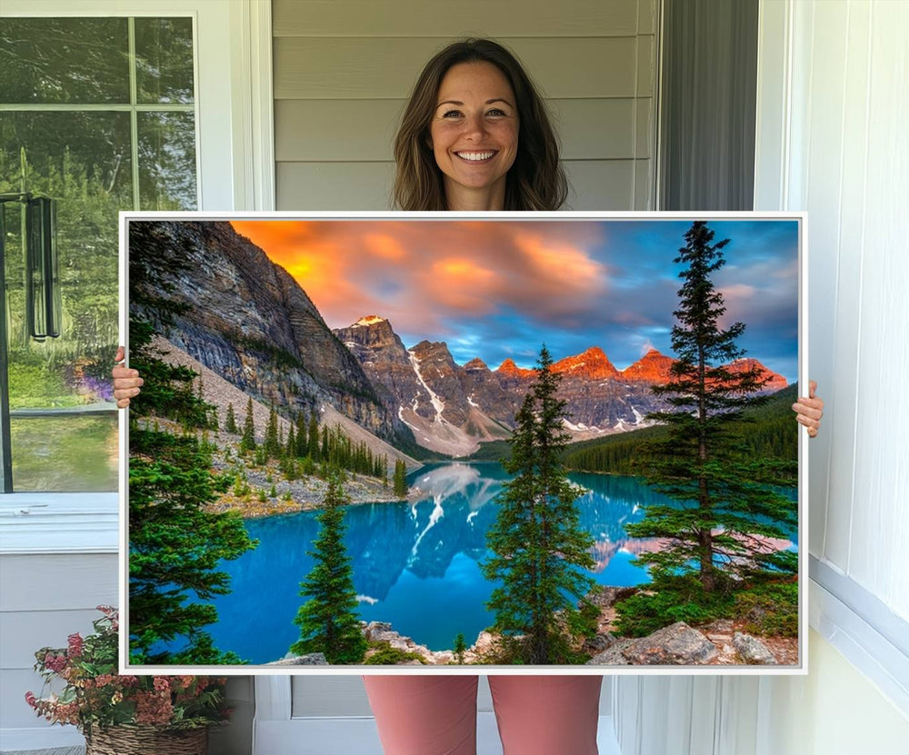 The dining room features a stunning piece of wall art depicting the Canadian Rockies Moraine Lake.