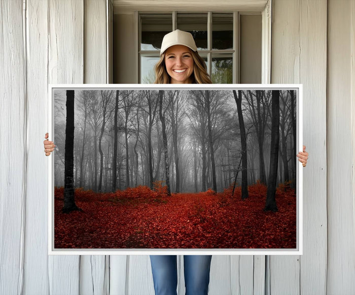 A large, museum-quality canvas print titled Wonderful Forest with Red Leaves.