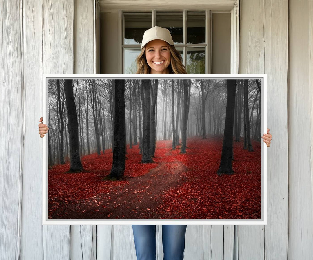 Wonderful Forest artwork: Triptych with red leaves, ideal for nature lovers.