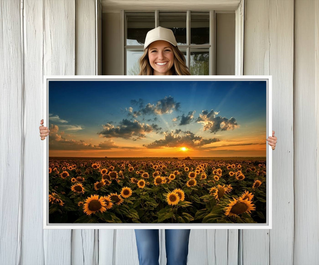 The dining area features the Sunflower Field Sunset Wall Art Canvas Print.