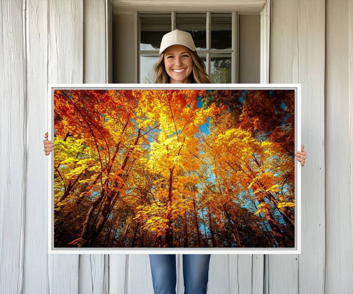 Forest View at Fall Wall Art hangs prominently, showcasing its beauty.