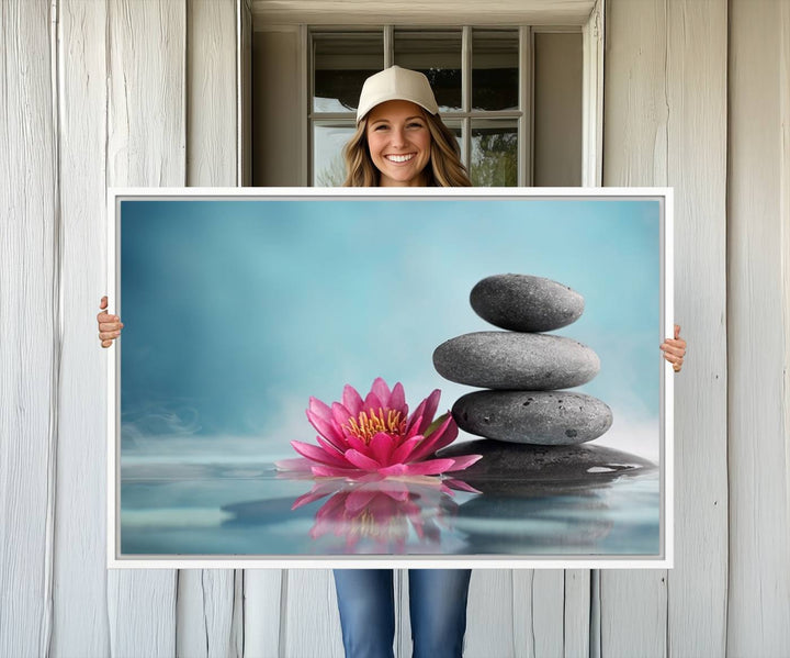 The dining room features a Zen Serenity Triptych wall art, showcasing a calming depiction of lotus flowers and balancing stones.