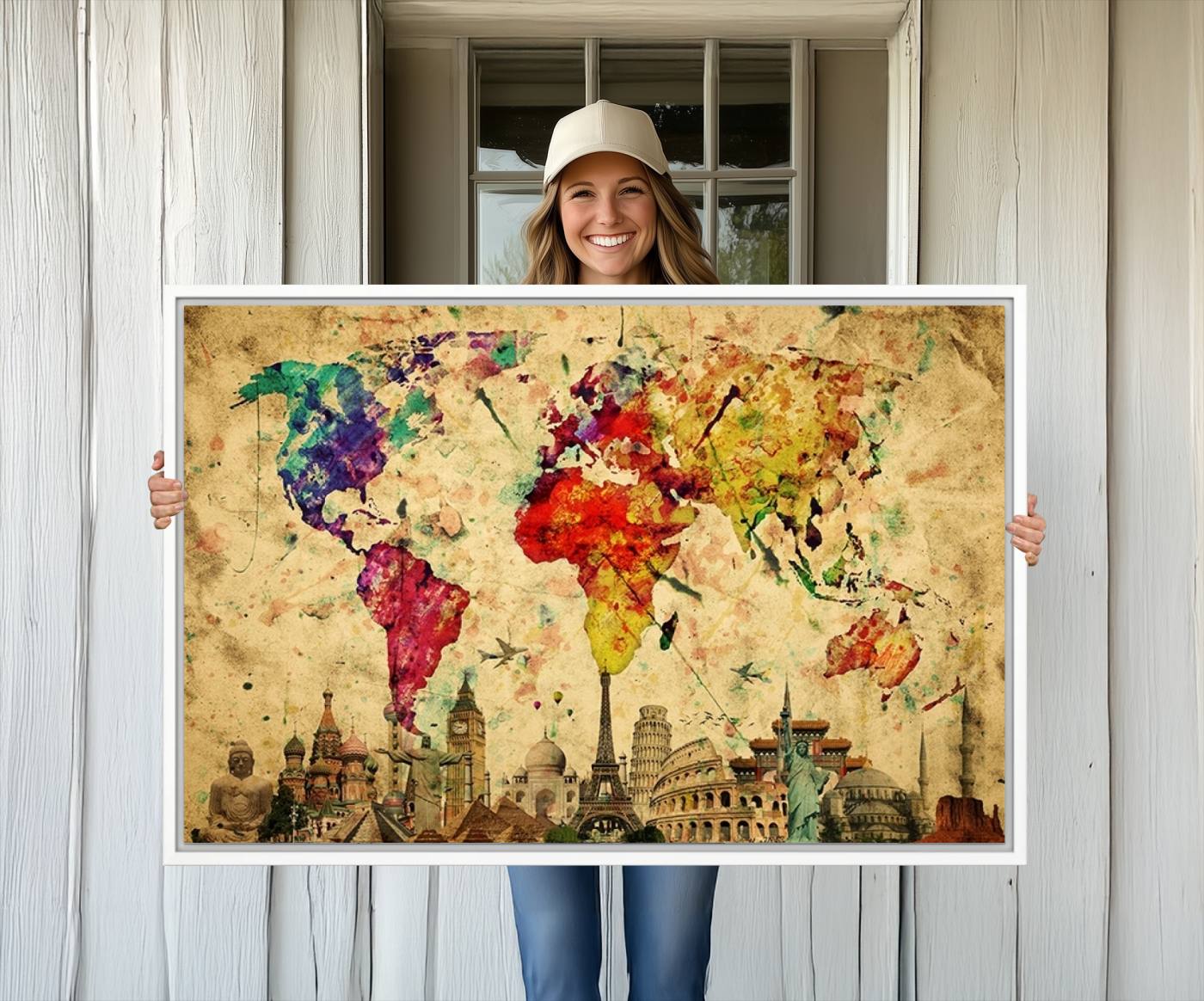 34595-MGV-CV-36X24-Push Pin World Map Canvas Print – Framed Travel Map Wall Art for Couples, Anniversary Gift, Modern Home or Office Decor