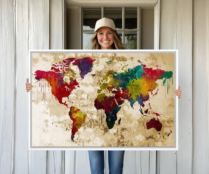 The Rainbow Colored Vintage World Map Canvas Print decorates the room.