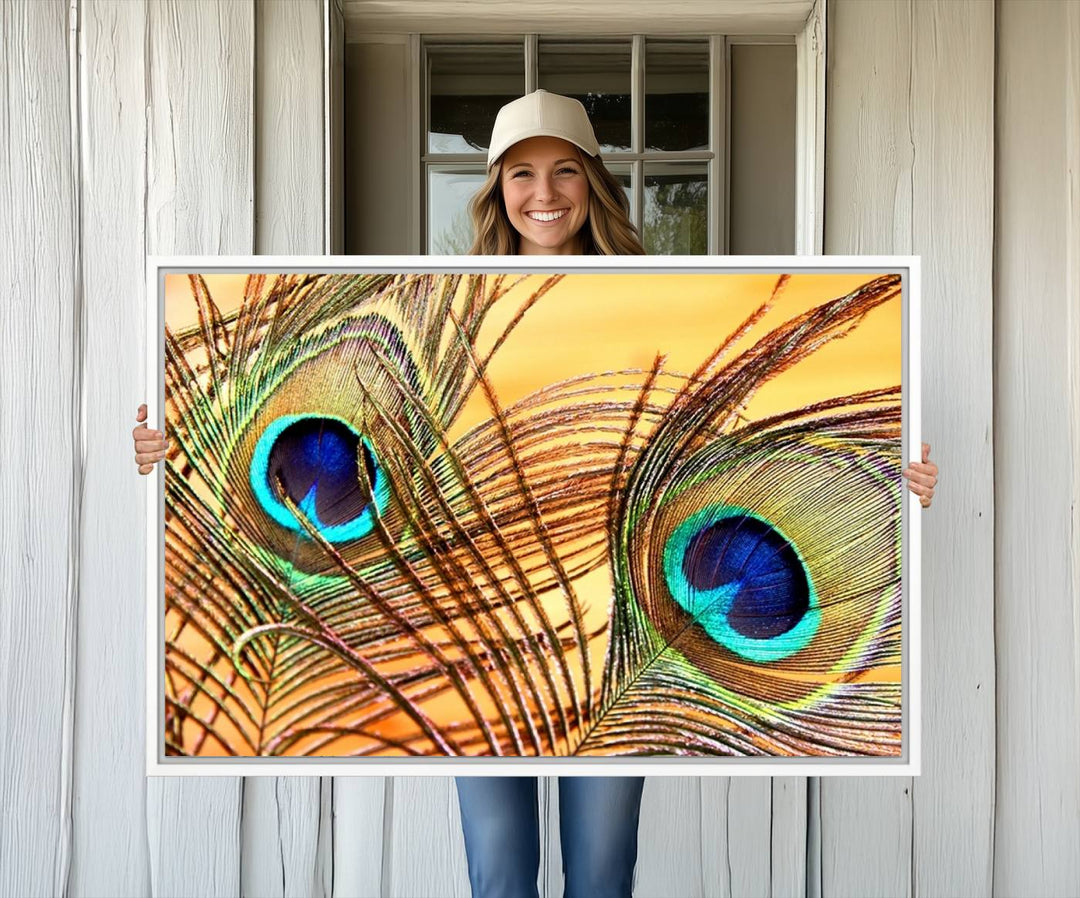 The room features vibrant peacock feather wall art.