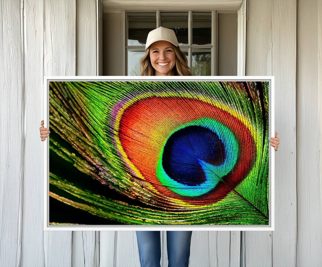 The Colorful Peacock Feather Wall Art Print graces the wall.