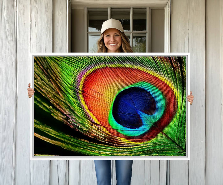 The Colorful Peacock Feather Wall Art Print graces the wall.