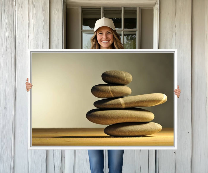 The Yellow Zen Stones on Yellow Background Wall Art is a striking feature in this minimalist kitchen.