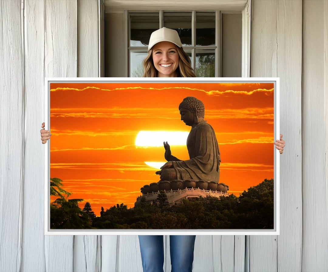 The Buddha Statue at Sunset canvas print adds serenity to the space.