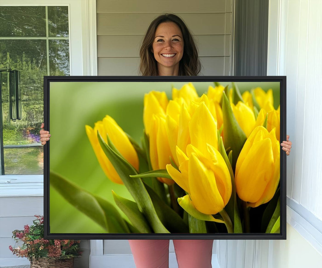 The Wall Art Yellow Tulips Canvas Print on a green background is featured.