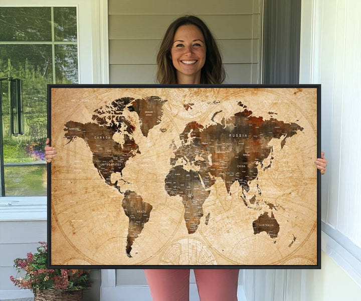 Vintage World Map Wall Art | 3 Panel Large Canvas Art | Antique World Map Canvas Print | Rustic Map Wall Art, Framed Gallery Wrapped