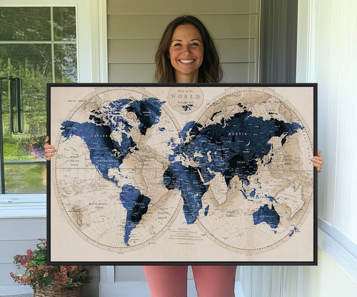Vintage Triptych Map Print - Antique World Map Canvas Wall Art – Vintage Triptych Blue and Beige Map Print