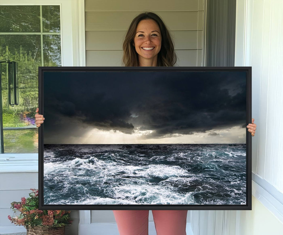 A Dark Clouds Stormy Sea canvas print, ready to hang, enhances the room.