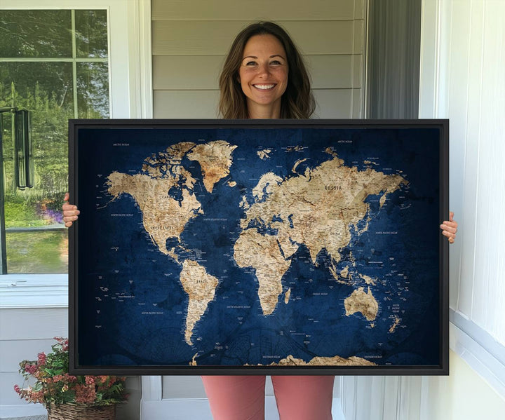 Classic Vintage Blue World Map Canvas Print featuring beige continents against a deep blue background.