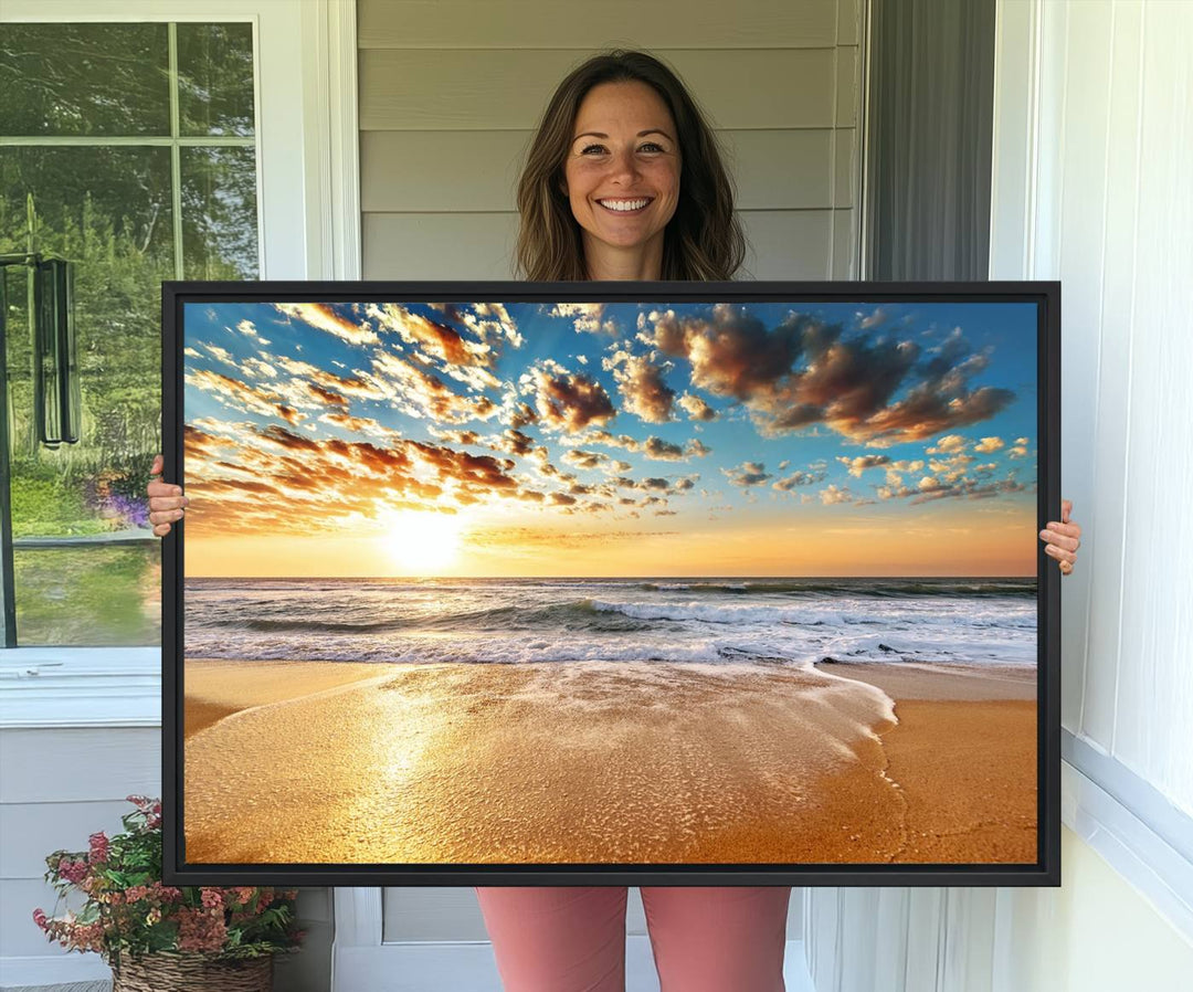 A gallery-wrapped canvas titled Soothing Sunset on Calm Beach is featured.