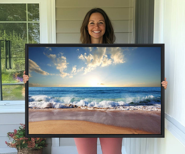 The dining room features a Coastal Tropical Beach Sunset canvas wall art.