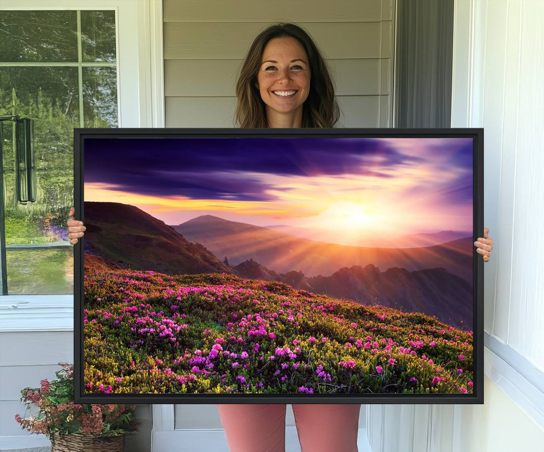 Gallery-wrapped wall art of a stunning mountain sunset and purple flowers.